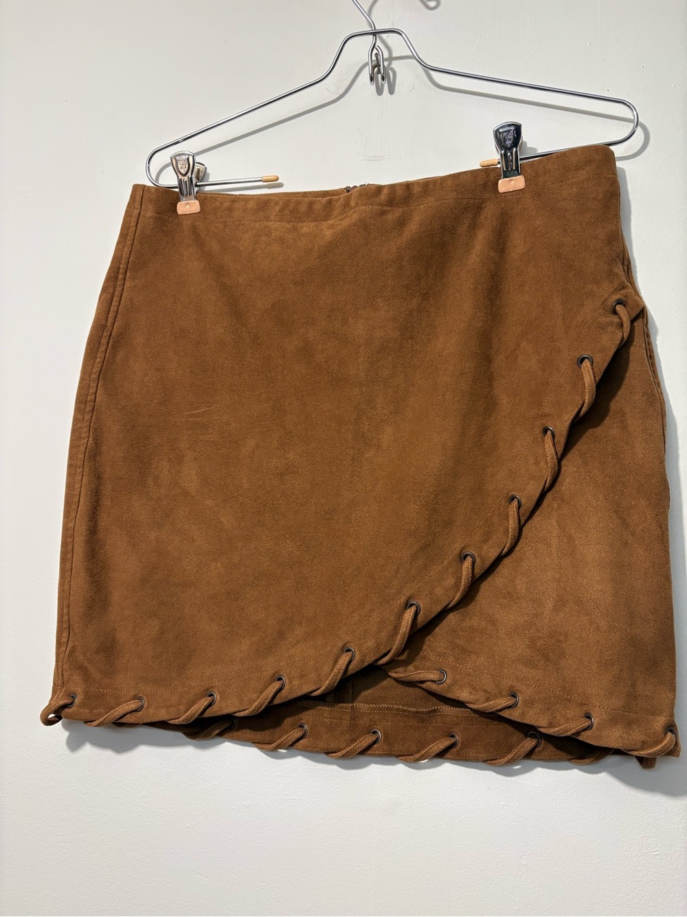 Express Brown Suede-Look Lace-Up Wrap Mini Skirt